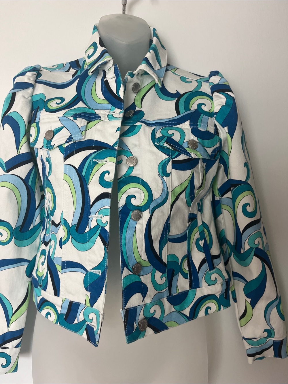 Boston Proper denim Jacket with Blue & Green Swirl Print XXS